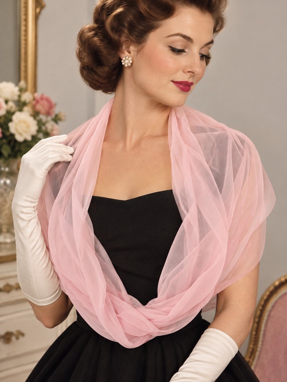 Light Pink Sheer Chiffon Shrug Scarf Wrap C.1940